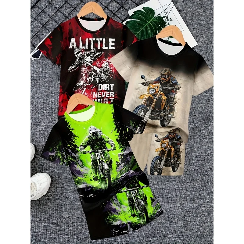 6-Piece Boys' Cool Off-Road Motorcycle 3D Printed Pattern Boys' T-Shirt Casual Fashion Sportswear Outdoor Sports Set