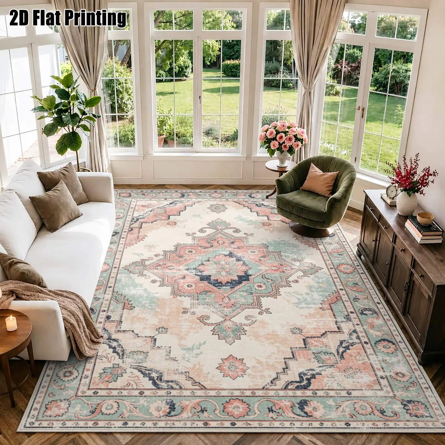 1Pc 2D Printed Carpet: Blue-Grey Retro Scroll Pattern, European Style, Machine Washable, Multi-Size for Multi-Scene Use