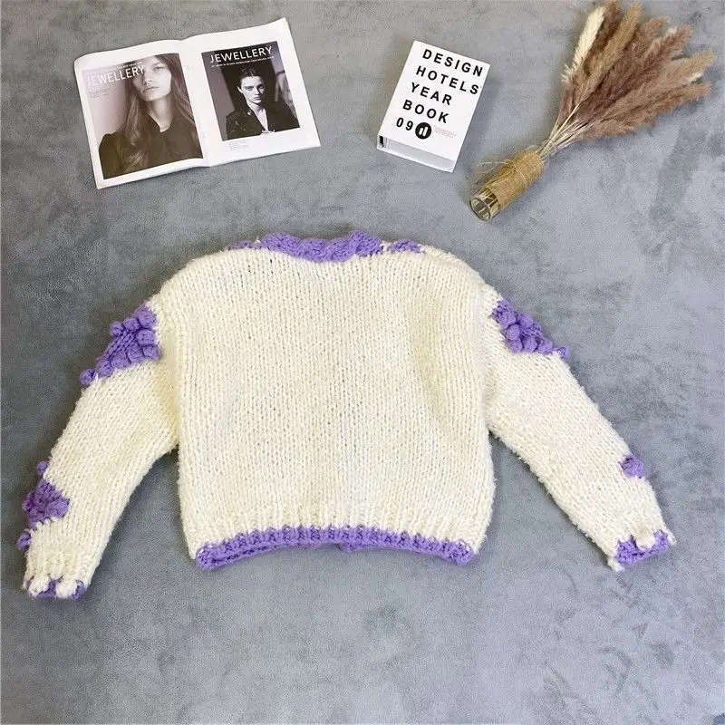 Heavy Industry Crochet Thickened Sweater Coat Women's V-neck Plaid Contrast Color Knitted Cardigan Female Sweaters Short Jacket