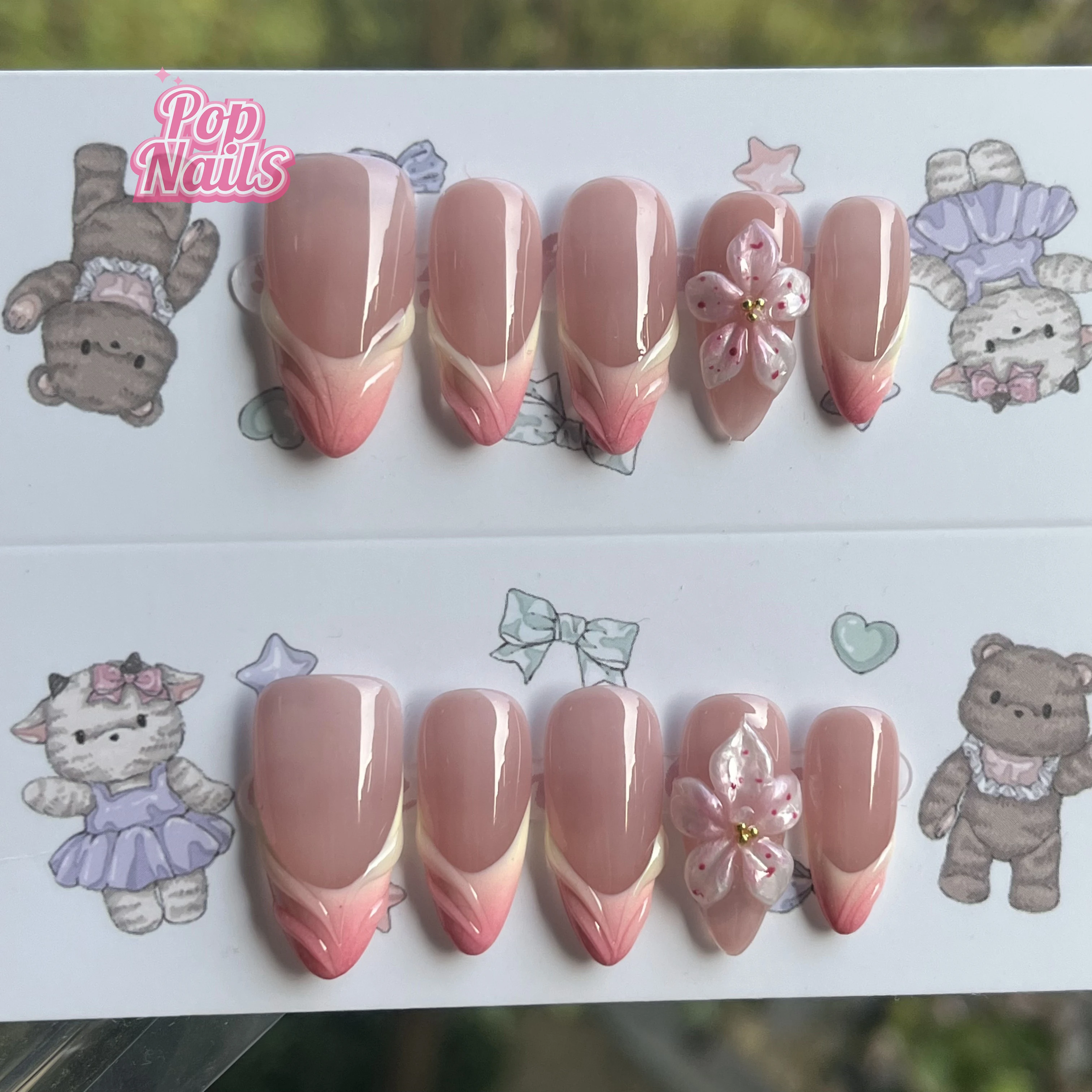 

Pink Cute Press on Nail Art 3D French Tips Gel Flower Medium Almond Nude Colours 5D Flowers Acrylic Handmade Fake Press on Nails
