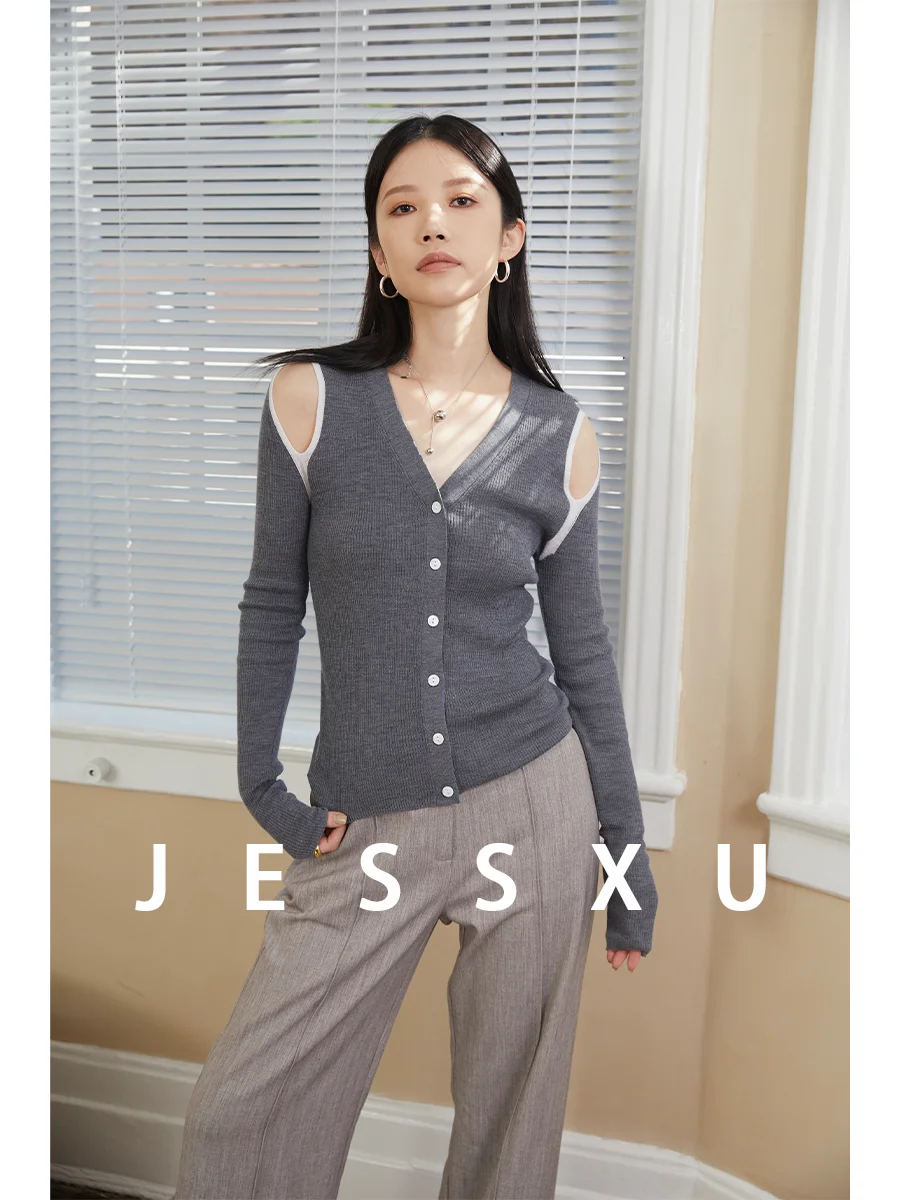 

Skin-friendly Woolen Knitted V-ne Sweater Hollow-out Design Casual Inner Wear Bla ey Color Commute Sle Slim Fit Cardigan