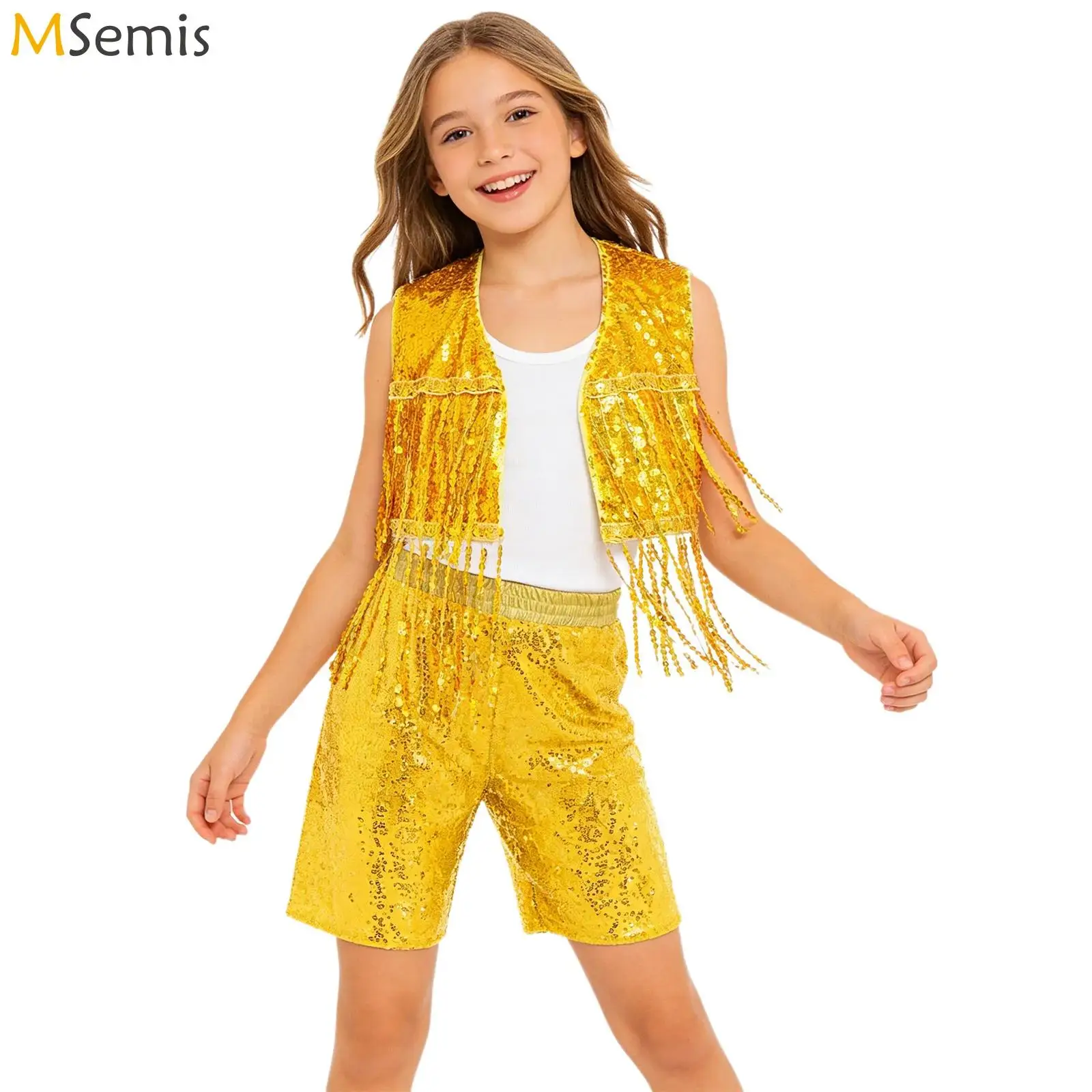 

Детский жилет с многослойными бахромчатыми вставками и шорты с карманами для мальчиков, костюм для джазовых танцев, блестящий костюм с пайетками для выступлений в стиле хип-хоп.