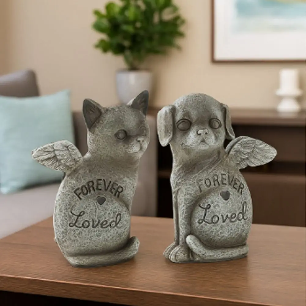 

Resin Pet Memorial Statue Weatherproof Stone Finish Pet Memorial Tombstone Lovely with Wing Pet Dog Cats Memorial Sculpture