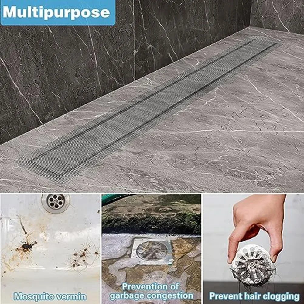 1pc Cutable Shower Drain Hair Catcher Floor Drain Stickers Disposable Mesh Bathroom 120mm*4m Long Strip Floor Drain Sticker