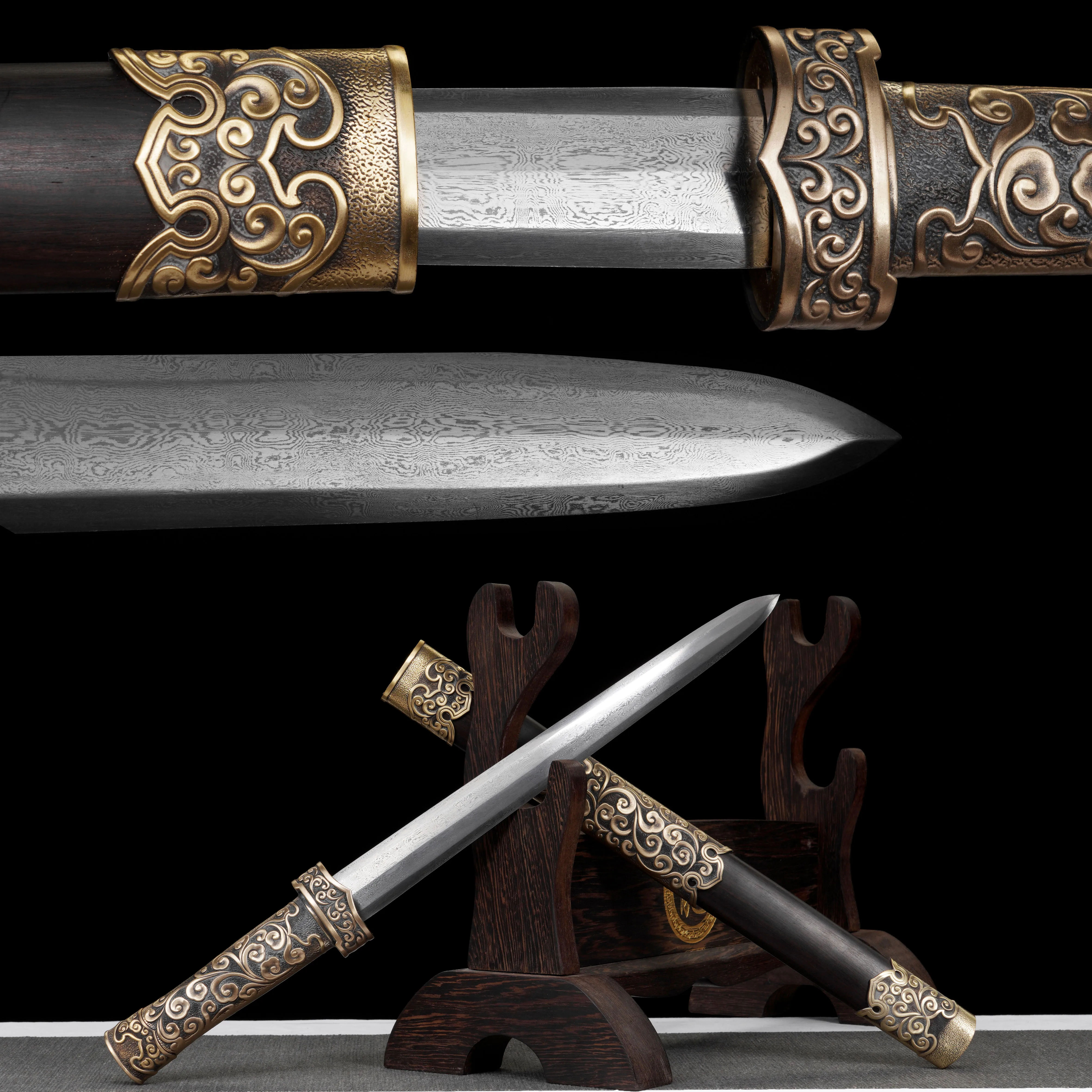 King's European Noble Guard Samurai Sword Damascus steel - Folding forged blade sharp katana weapons Ebony sheath Copper handle