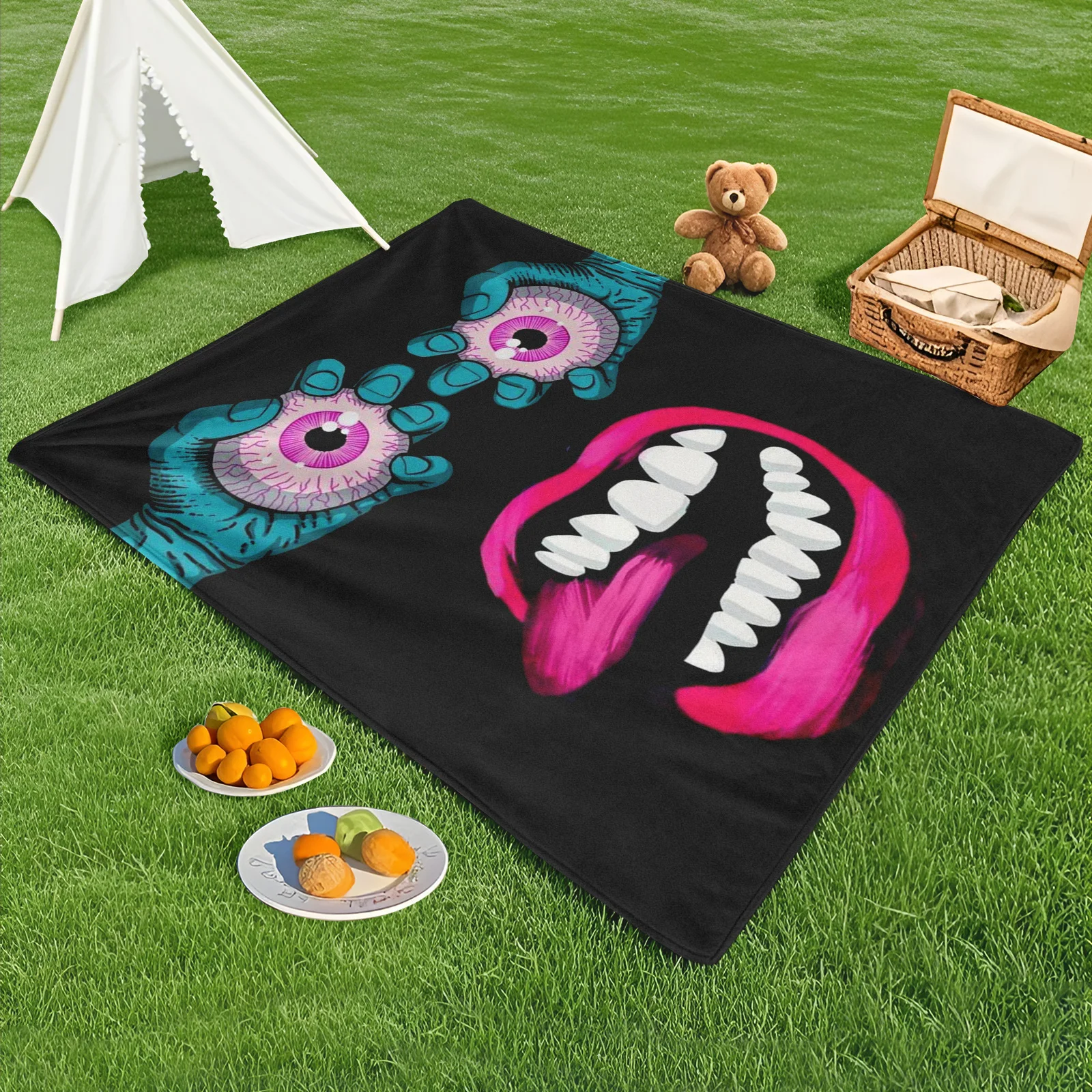 

Eye And Teeth Design Blue Blanket For Outdoor Use With Unique And Bold Style For A Distinctive Look