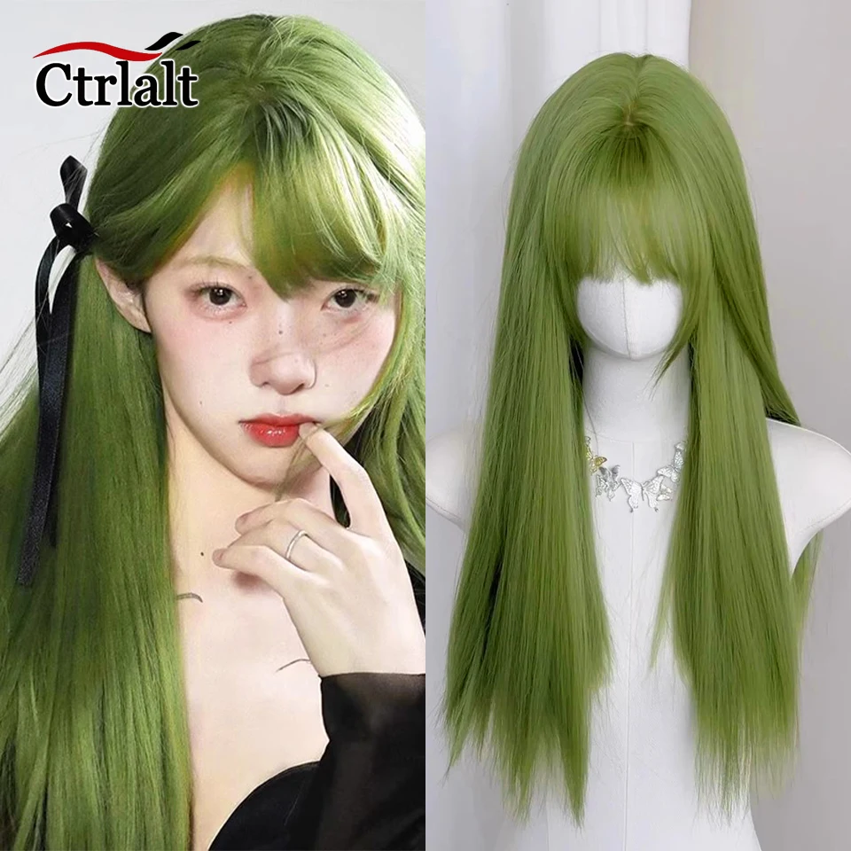 

Long Straight Green Wigs with Bangs Synthetic Cosplay Lolita Party Red Pink Wigs for Women Natural Wig Daily Use Halloween Wig
