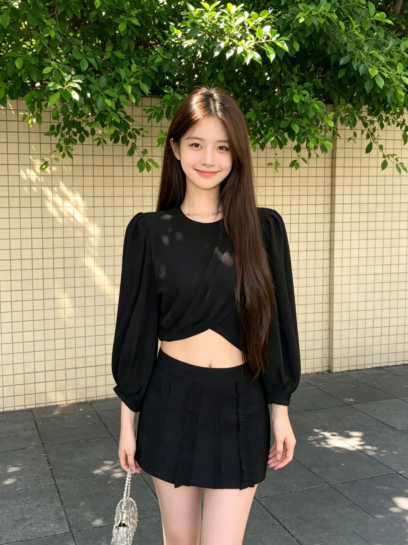 Elegant Korean Style Black Bubble Sleeve Short Crop Top Women's T-Shirt Waist-Cinching Design Atmosphere Feeling Ladies' Shirt