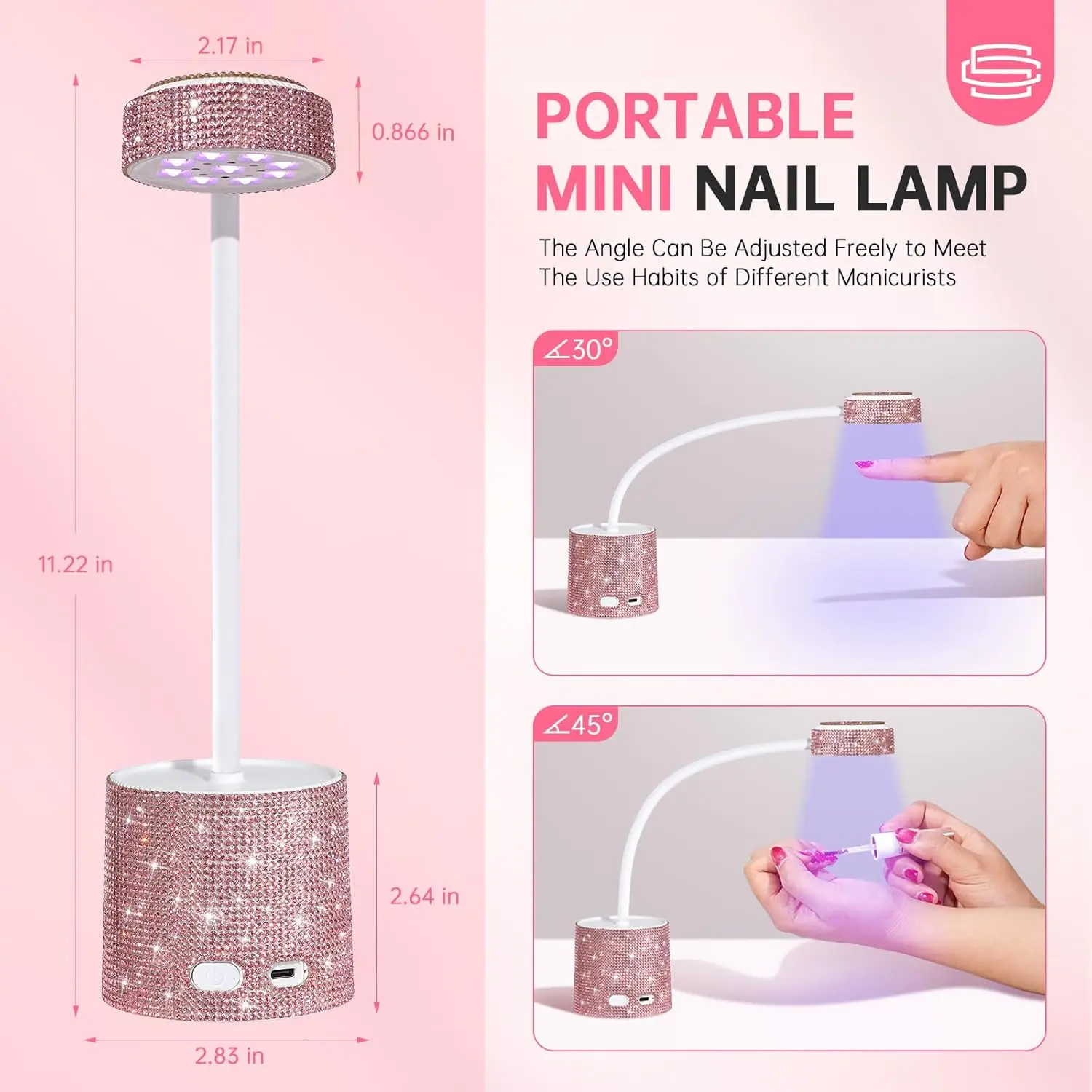 ジェルポリッシュ用ミニ充電式UV LEDネイルランプ、速乾性グースネックデザイン、ピンクダイヤモンド