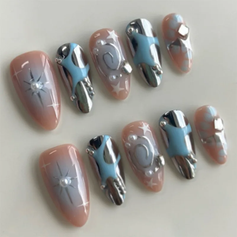 

24Pcs Mid-length Almond Press on Nails with Irregular Line Design Full Cover False Nails Pearl Rhinestone Reusable Fake Nail Tip