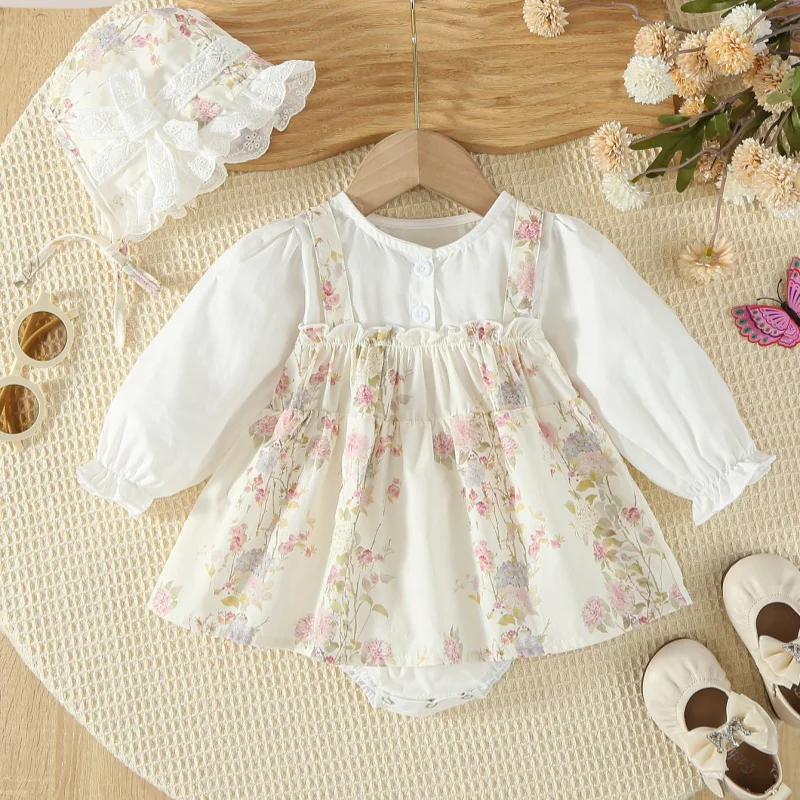 2026 Spring Toddler Romper Clothing 0-2Y New Baby Girls Bodysuit Floral Long Sleeve Dress with Lace Hat Sibling Matching Outfits
