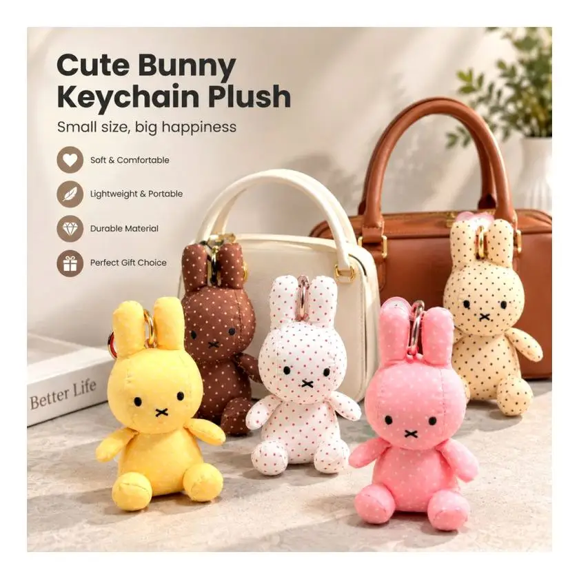 Miffy Rabbit Polka Dot Fabric Pendant Keychain Plush Doll Bag Charm Girl Gift Cute Kawaii New Hot For Girls Women Kids