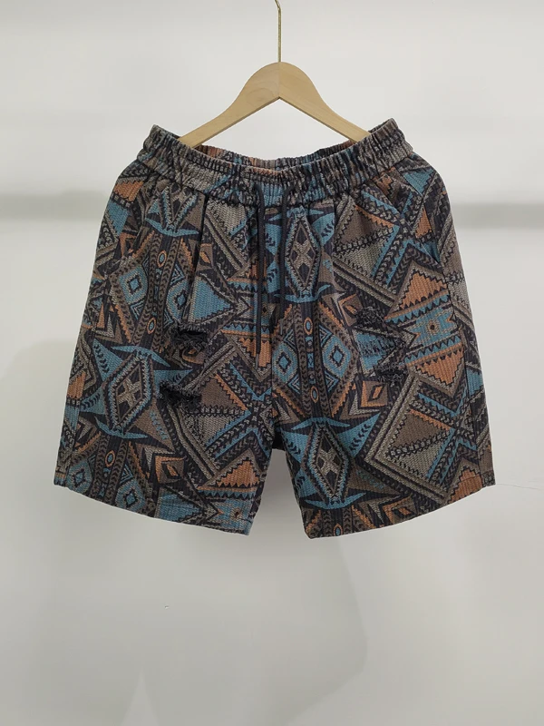 

Summer 2025 Men's Ethnic Print Casual orts Loose Fitting Vintage Weathered Five-Quarter Length Straight Leg Cotton Polyester