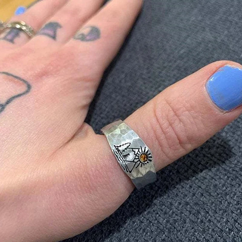 

Vintage Open Adjustable Forest Mountain Sunset Landscape Carved Ring For Men Women