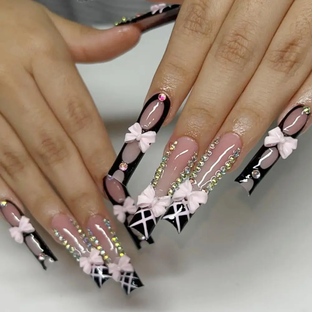 

24Pcs French Tip Women Press on Nails Pink Bow Rhinestone Fake Nails 3D Charm Long Glue on False Nails DIY Manicure Supplies