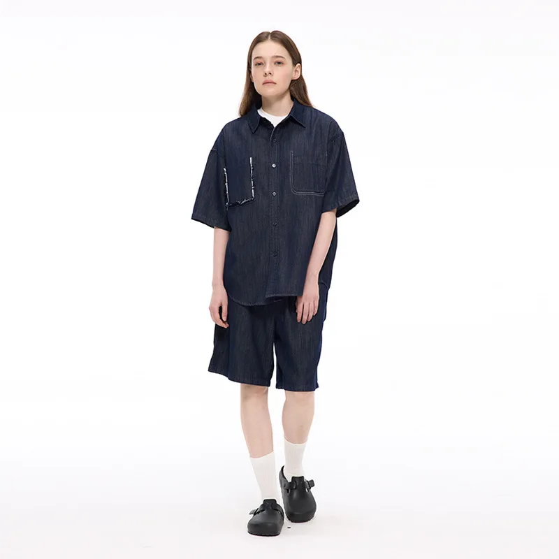

Summer Men And Woman Denim Set Lapel Mid Sleeve Shirt Elastic Waist Shorts American Casual Mature Fashion Loose Shorts Sets DE1P