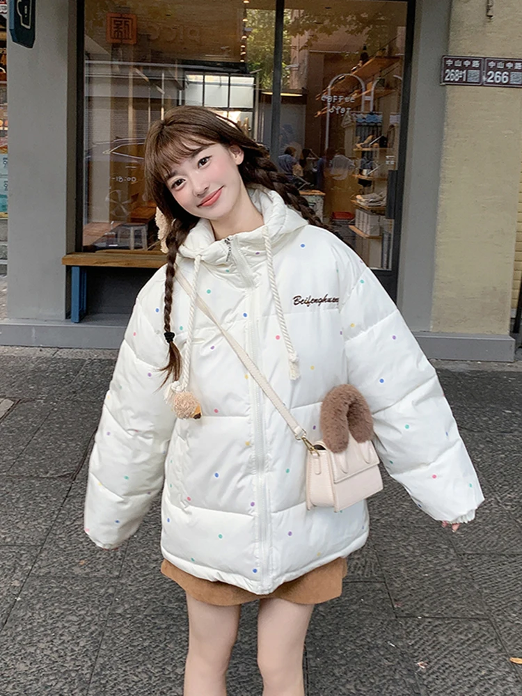 

Cute 3D Bear Dot Parkas Women Fashion Preppy Style Winter Sweet Puffy Coat Japan Kawaii Thick Warm Chic Long Sleeve Loose Jacket