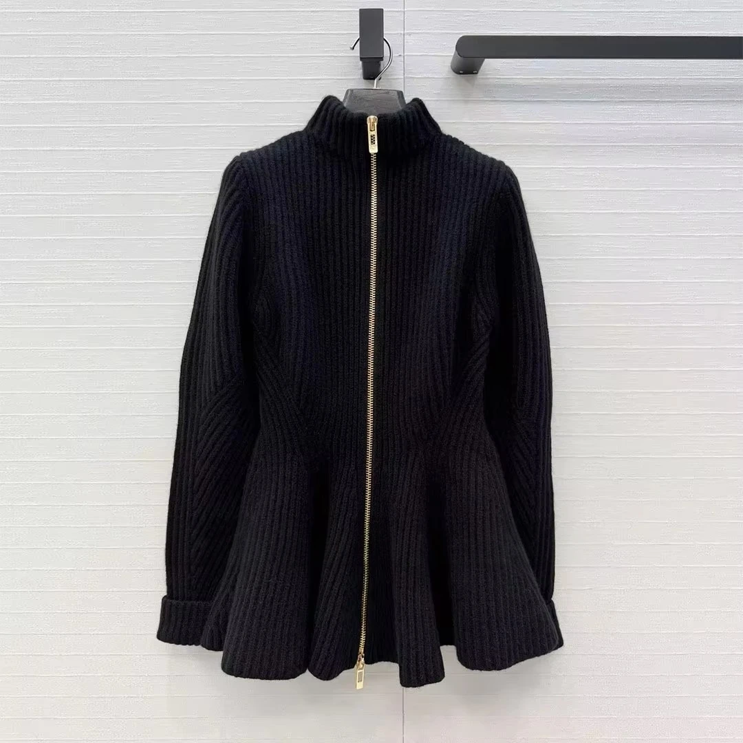 New Autumn Chic Soft Wool Knitted Cardigans Women Stand Collar Long Sleeve Zipper Slim Waist Ruffles Elegant Fashion Sweater