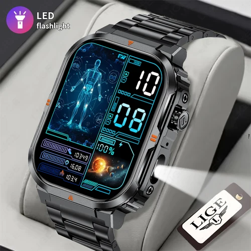 LIGE nueva linterna LED reloj inteligente para deportes al aire libre para hombres y mujeres relojes Monitor de salud impermeable militar BT llamada Smartwatch