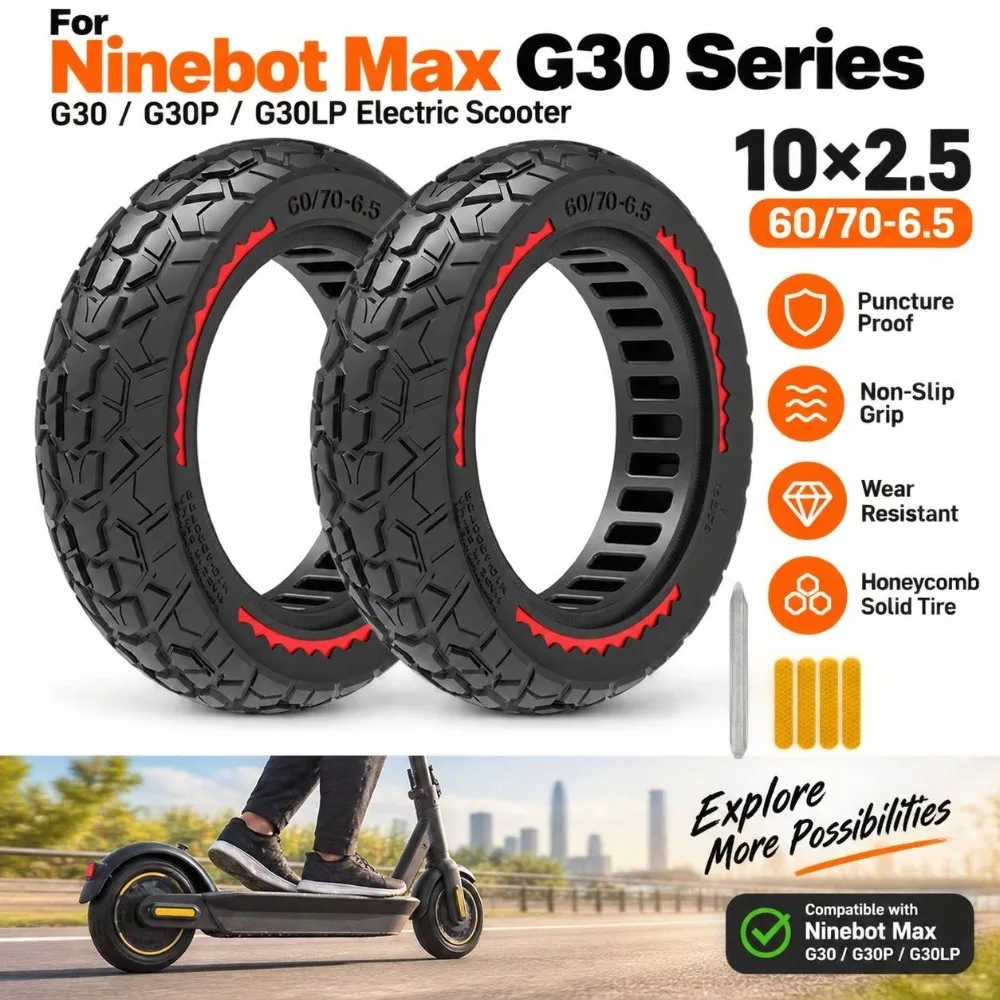 10x2.5 Solid Tire for Ninebot Max G30 G30P G30LP, 60/70-6.5 Honeycomb Off-Road Tire,Anti slip,explosion-proof,wear-resistant