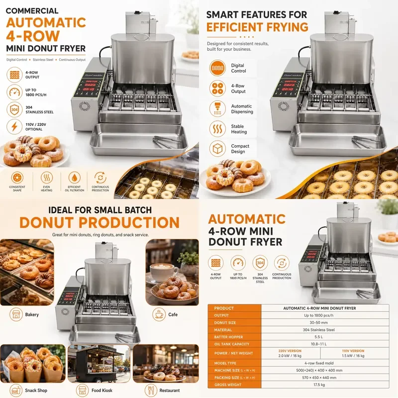 New Commercial Automatic Four Row Mini Donut Fryer Electric Donut Maker Digital Control Continuous Output Suitable for