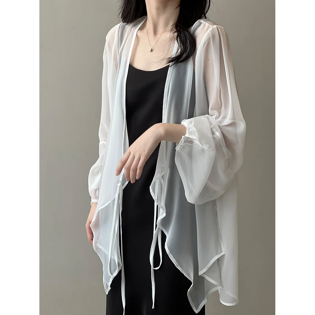 Women Sun Protection Shawl Lady 2025 New Summer Chiffon Cardigan Blouse Breathable Beach Cape MD-LONG Solid Color Cloak A422