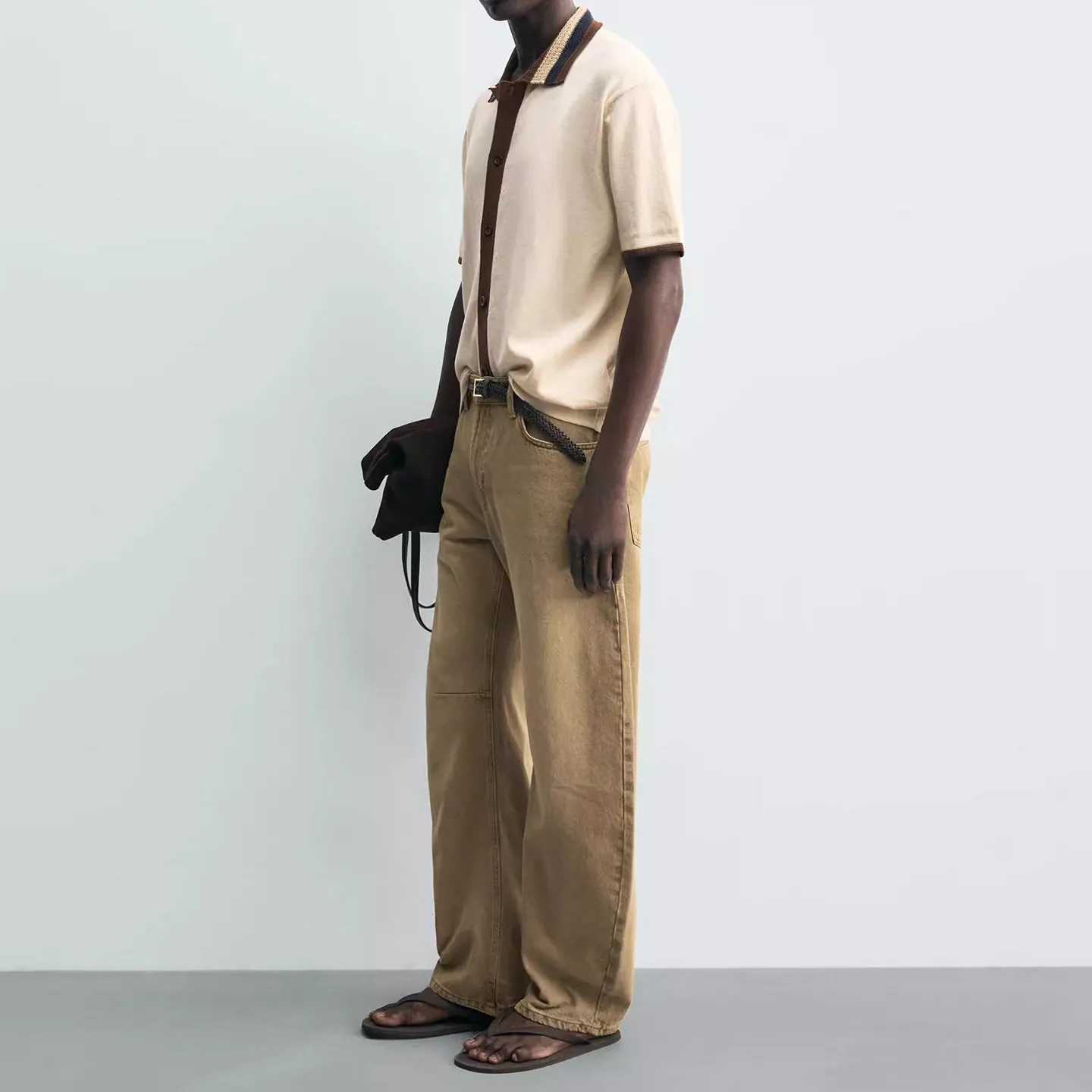 Fashionable Loose Knitted Short Sleeve Shirt Color Block Men's  Shirt Spring 2026 Casual Wear Single Button Closure
