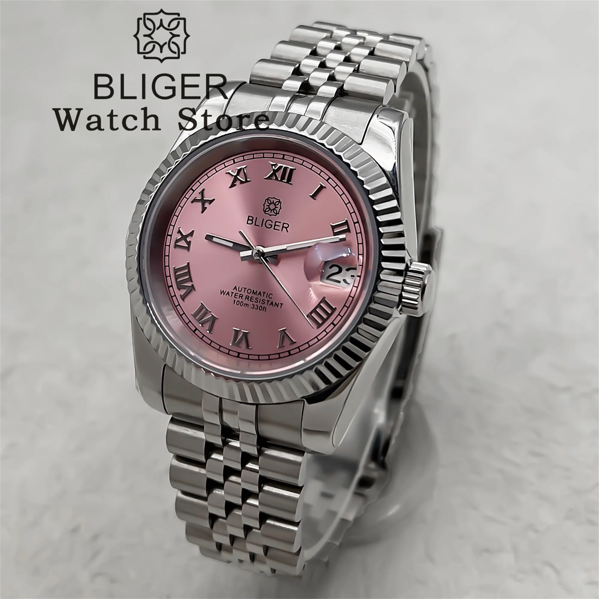 BLIGER-Montre existent pour Homme, Cadran Rose Sunaged, Chiffres Romains Argentés, NH35A, Bracelet en Acier Inoxydable, Verre Saphir pour Datejust, 36mm, 39mm