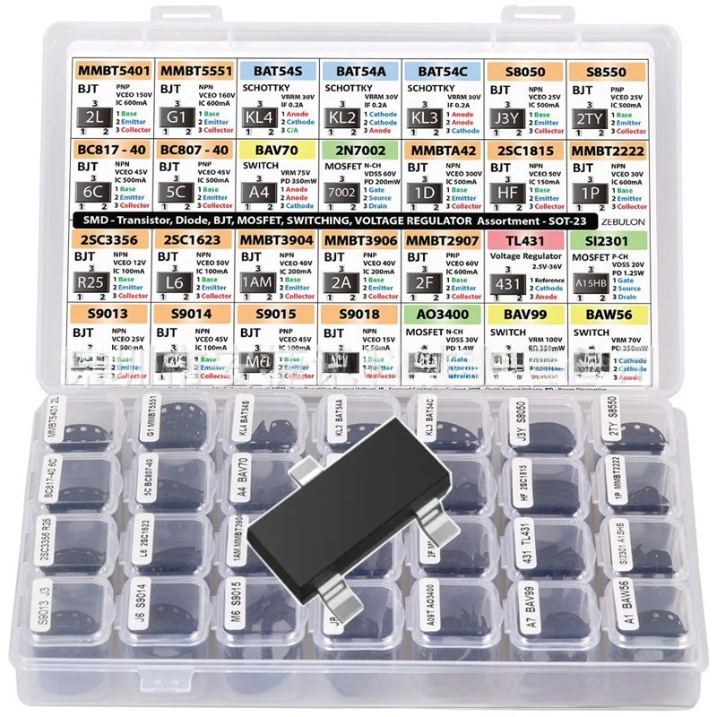 High Quality SOT-23 SMD Components Assortment - BJT Transistor MOSFET Diode Schottky Voltage Regulator 28 Types New Original image 2