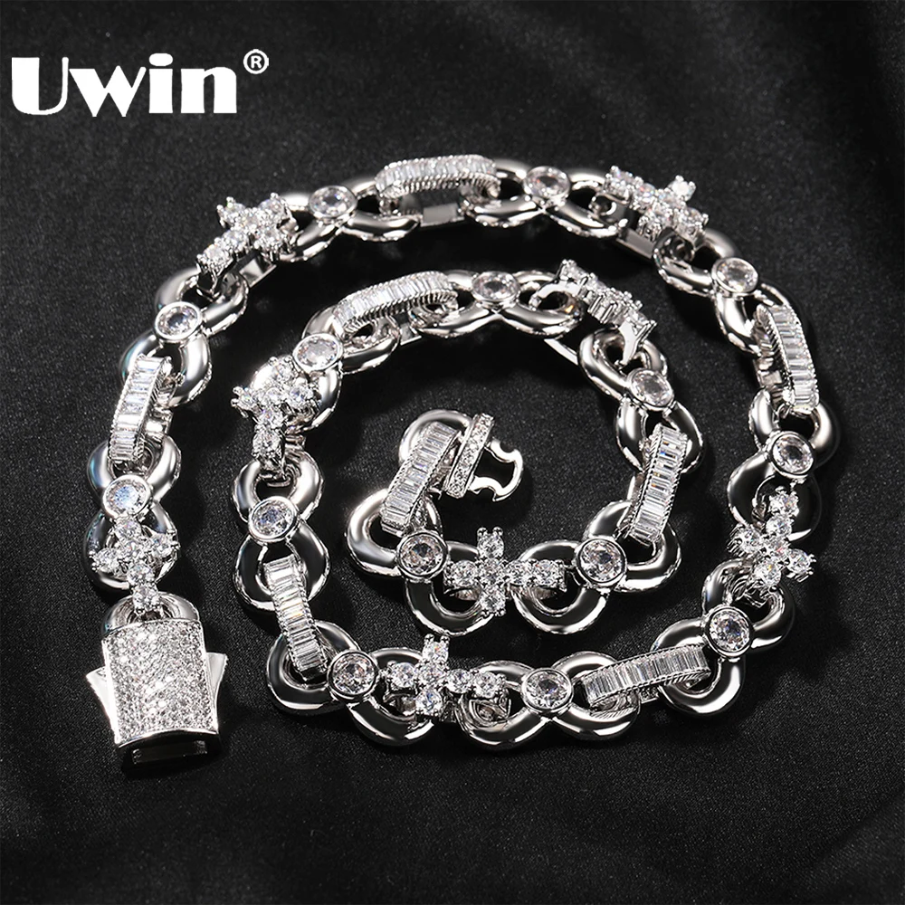 

UWIN 12mm Cross Infinity Cuban Chain Necklaces for Women Iced Out Baguettecz Cubic Zircon Bracelet Fashion Jewelry for Gift