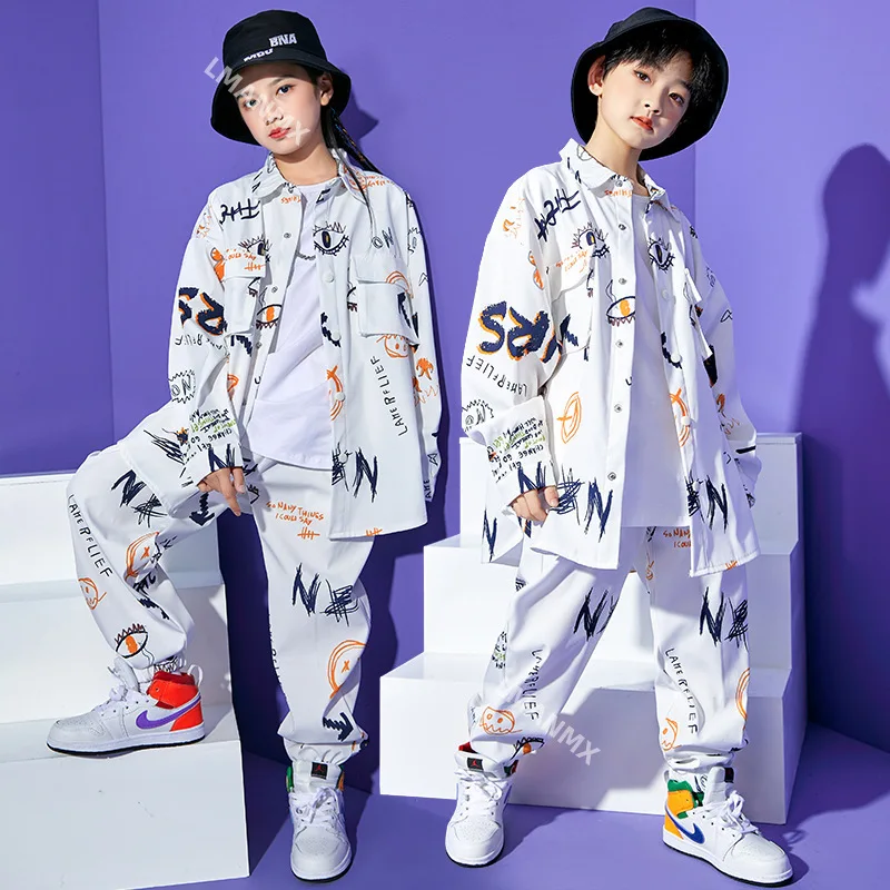 Kid Cool Kpop Hip Hop Roupas, Camisa branca estampada, Brasão Top, Streetwear, Calças de moletom Jogger, Menina, Menino, Traje de dança Jazz, Roupas