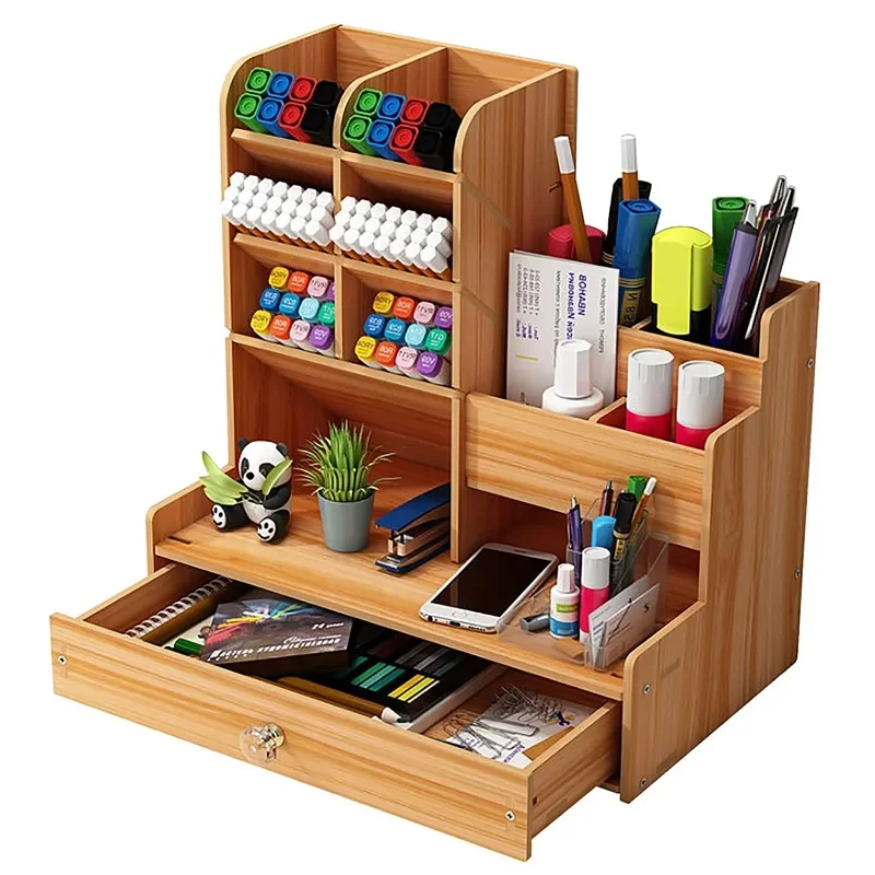 Wooden Drawer Desktop Stationery Organizer, Large Capacity DIY Pen Storage Holder for Office School