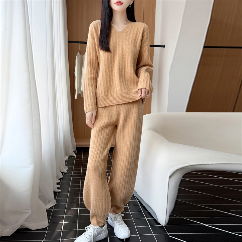 Women's Autumn Winter Two-Piece Set 100% Merino Wool O-Neck Pullover Sweater Elastic Waisted Long Pants Warm Casual Knitted Wear