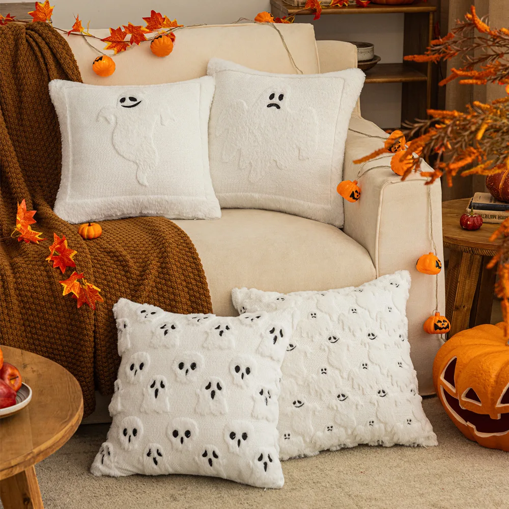 

Halloween Decoration Ghosts Cushion Cover 45x45cm 50x50cm Soft Fuzzy White Orange Embroidered Texture Pillow Cover Living room
