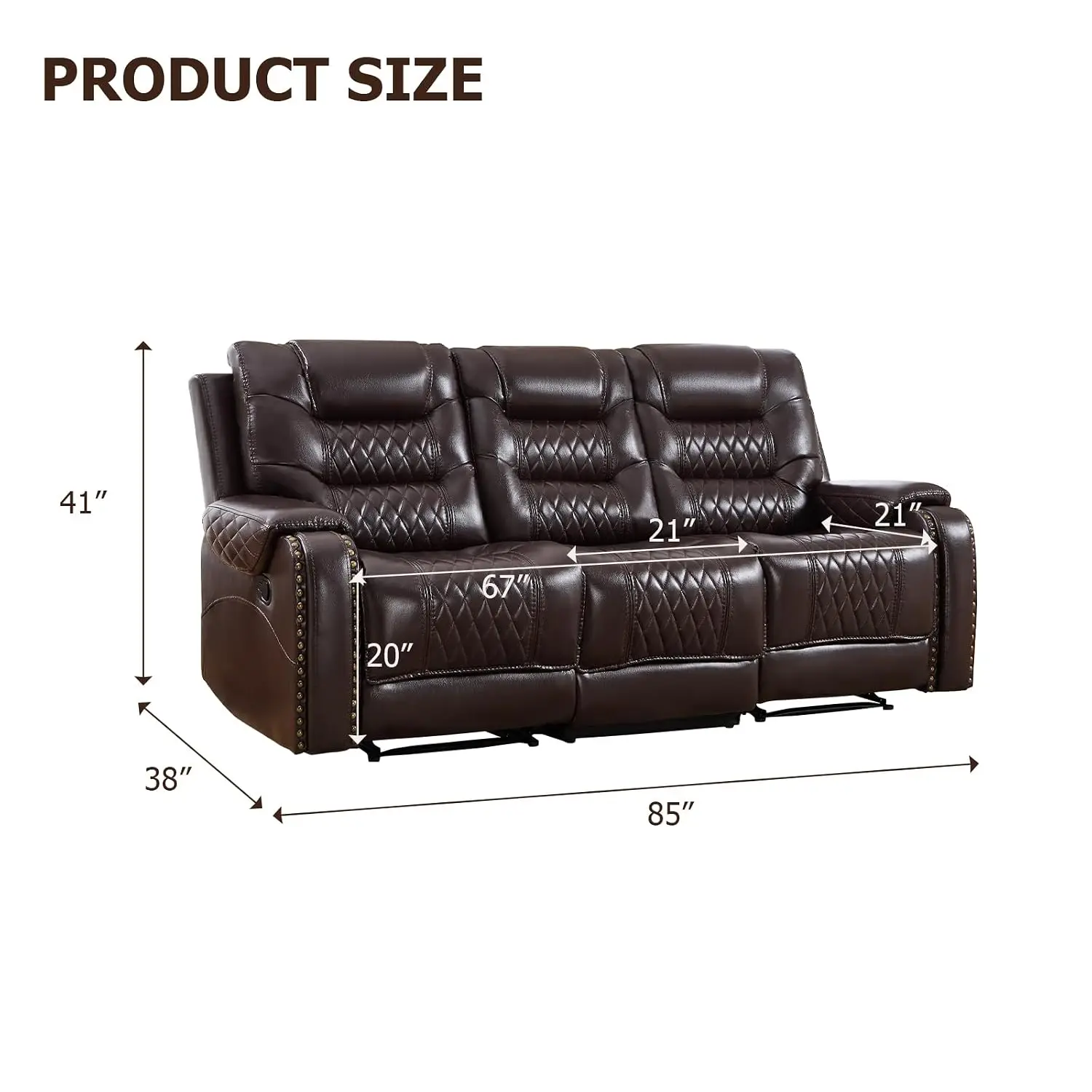 Manual Recliner Sofa, Faux Leather 3 Seater, Vintage Rivet Mid-Century, Living Room & Office, Brown, Customized