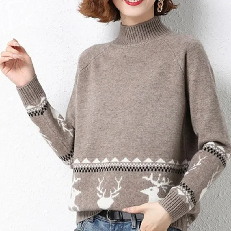 Autumn Winter Half High Collar Women's Crochet Geometric Lantern Shaped Long Sleeve Sweater Knitted Elegant Casual Korean Tops