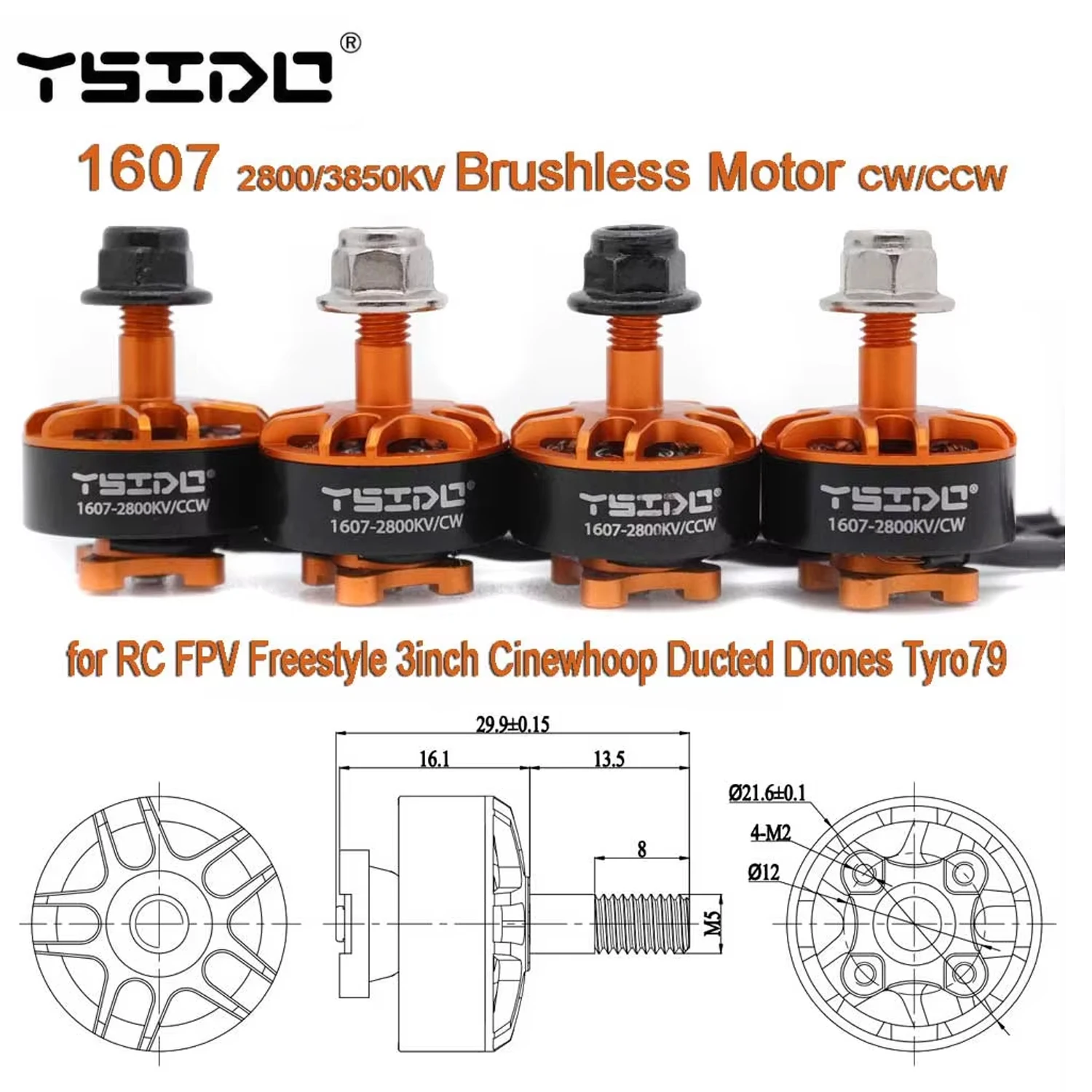 

4 шт. YSIDO 1607 бесщеточный двигатель 2800KV 3850KV 2-4S M5 вал CW/CCW для RC FPV Freestyle 3-дюймовые канальные дроны Cinewhoop Tyro79