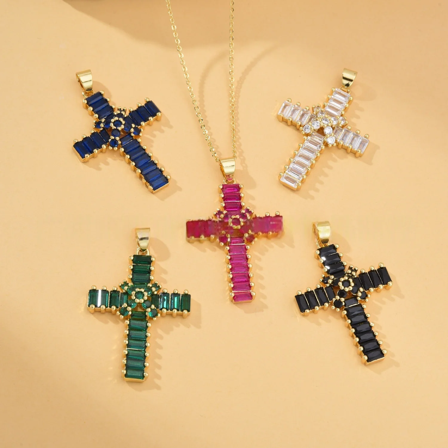 5pcs European and American Fashion Colored Zircon Cross Pendant Accessorie DIY Pearl Necklace Jewelry Making Materials Wholesale