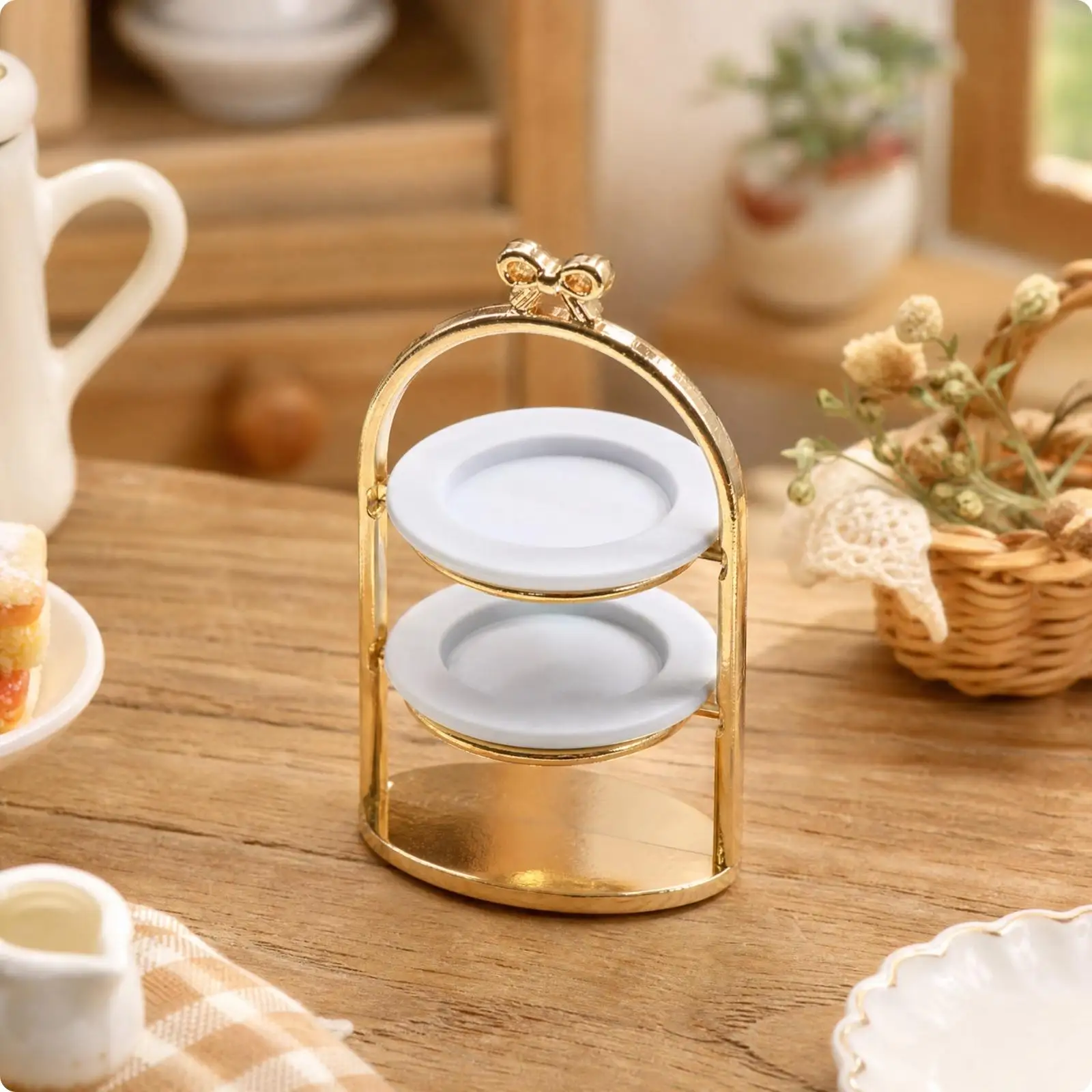 Tiny Dessert Stand for Dollhouse Decor Miniature Metal Cake Display with White Plates for Diorama Kitchen Scene