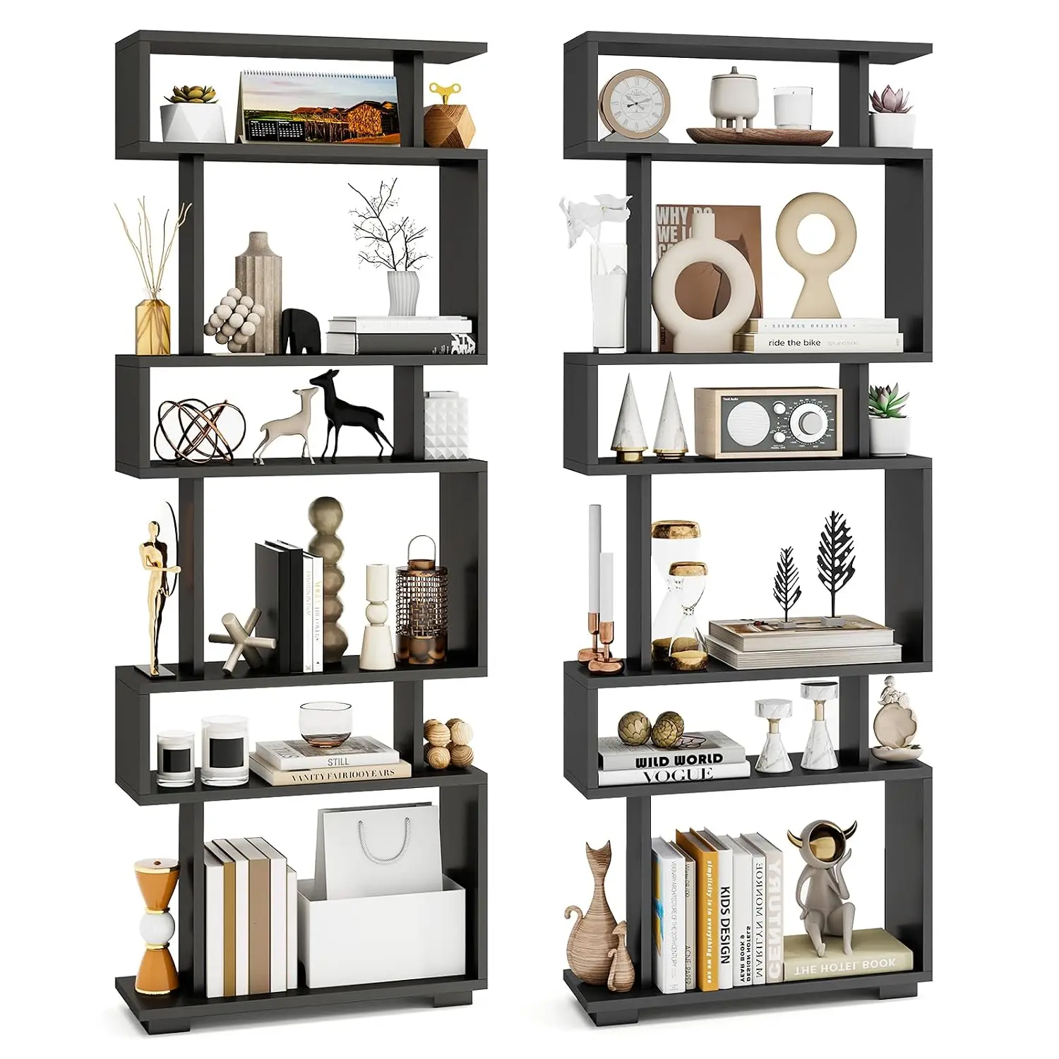 S Shaped 6-Tier Bookshelf 64" Geometric Storage Display Shelf Room Divider Anti-Tip Living Room Black, Customized