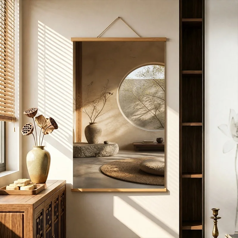 Wall Decorations Curved Earthen Rooms with Sculptural Vases, Pearlescent Canvas Hanging Scroll for Boutique Hotel Interior Decor