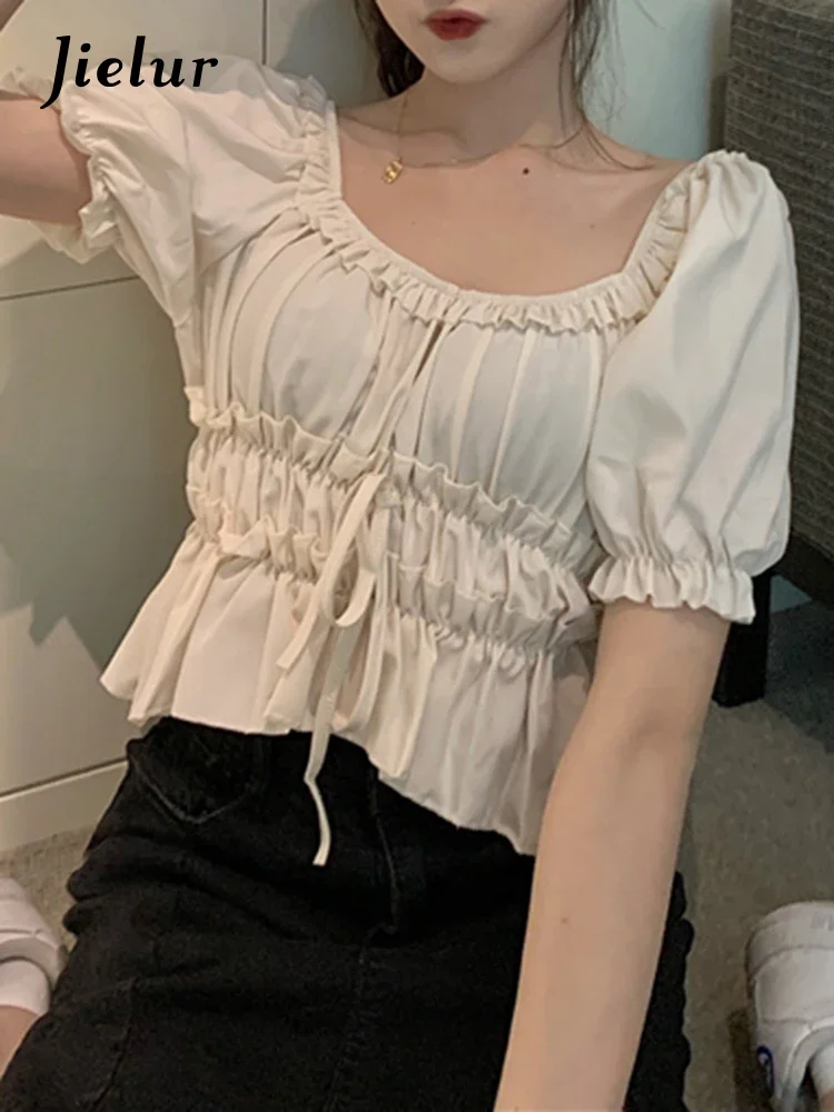 

Jielur Solid Color Sweet Pleated Fashion Female Blouses French Style Puff Sleeve Square Neck Women Blouse Summer Elegant Blouse