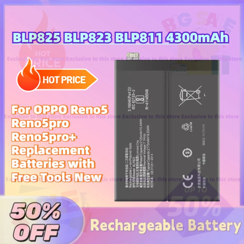 

For OPPO Reno5 Reno5pro Reno5pro+ Replacement Batteries with Free Tools New BLP825 BLP823 BLP811 4300mAh Mobile Phone Battery