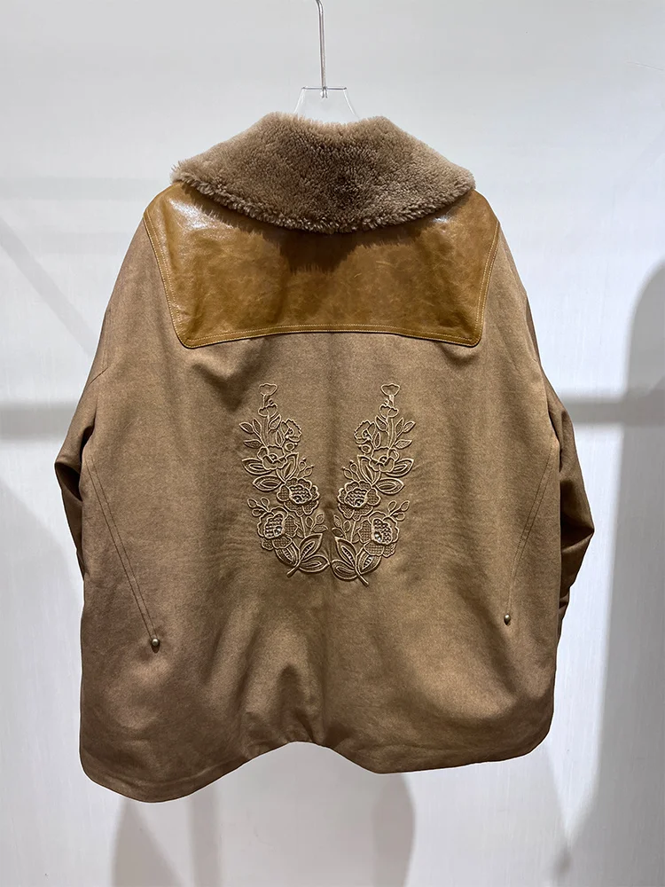 2025 herbst Winter frauen Natürliche Echte Lamm Schafe Pelz Kragen Denim Gans Unten Jacke Outwear Luxus Weibliche Puffer Mantel