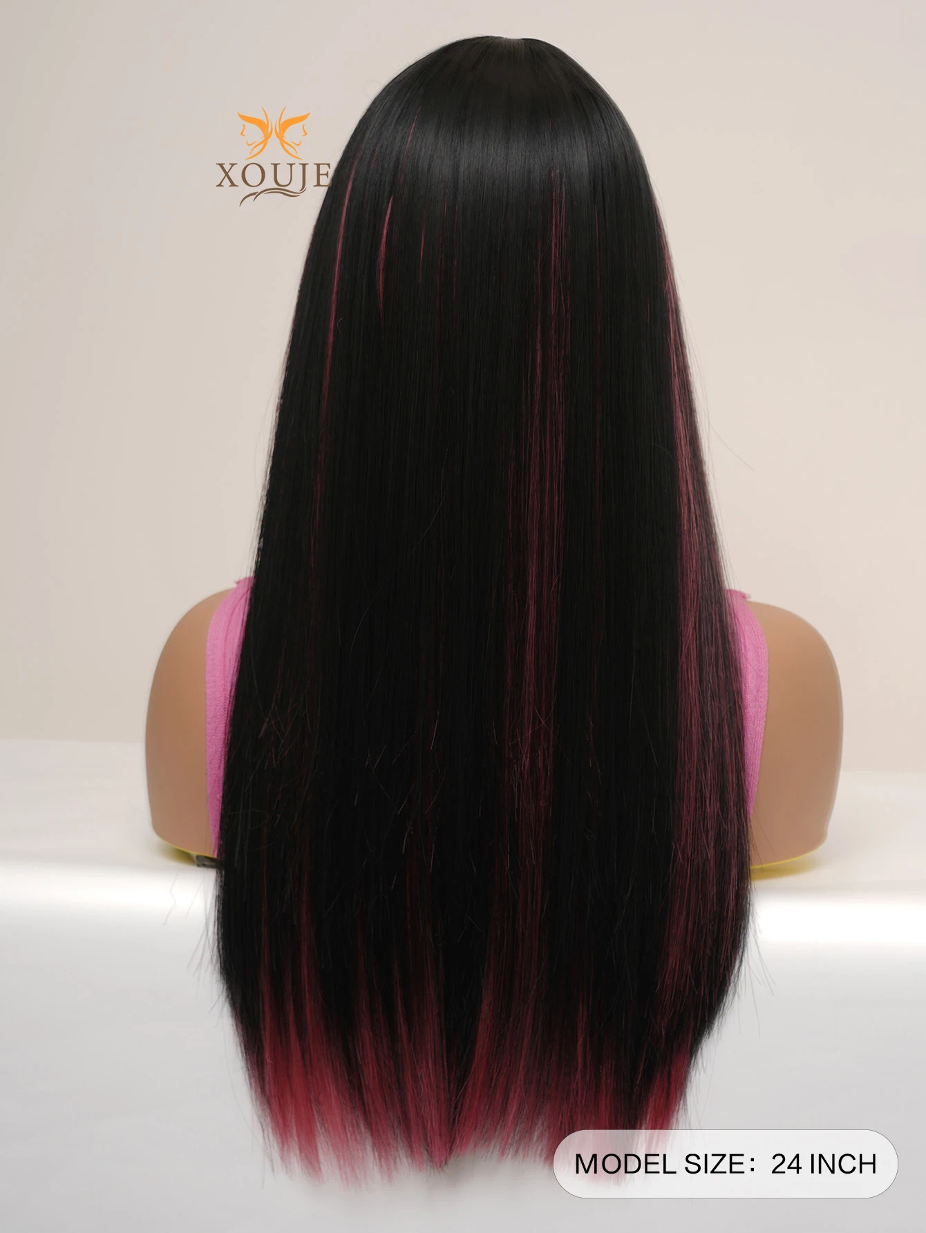 XOUJE Long straight hair black mixed pink synthetic fiber wig with bangs for attractive women suitable for daily cosplay use