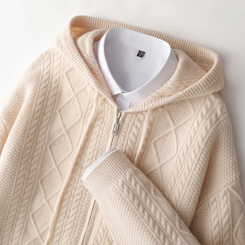 Tcyeek Men's Thick Hoodie Cardigan 100% Merino Wool Sweater Autumn Winter Rhombus Knit Zipper Long Sleeve Cardigan Coat