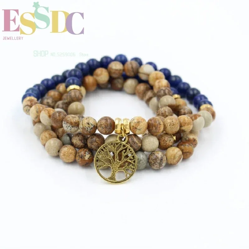 Classic 108 Prayer Mala 8mm Natural Lapis Lazuli Beads Picture Stone Bracelet Life Tree Pendant Yoga Healing Necklace Meditation