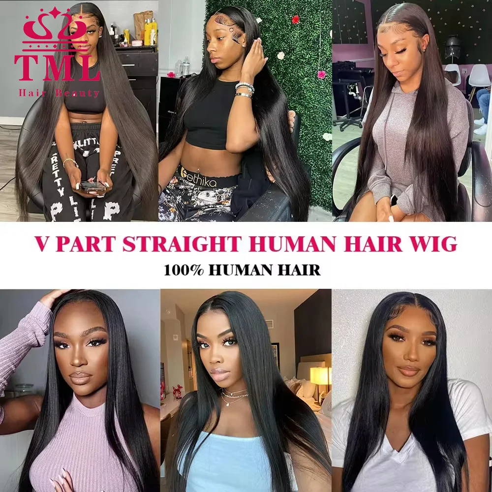 女性用の滑らかな天然かつら,接着剤なし,V字型,日常使用,すぐに着用可能,30インチ