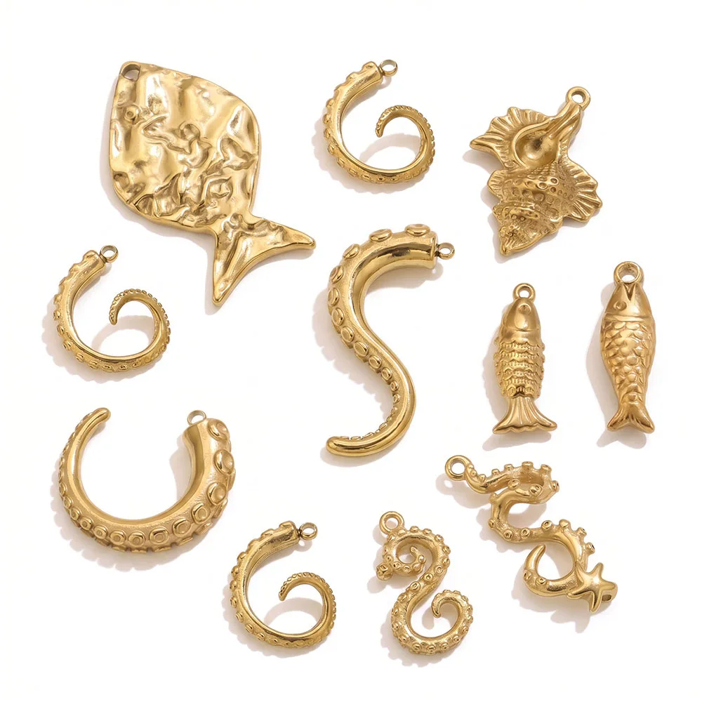 5 Stück vergoldete Edelstahl-Meerestier-Anhänger (Oktopus, Tentakel, Fisch, Seepferdchen) für DIY-Ohrringe und Schmuckherstellung – Detail 2