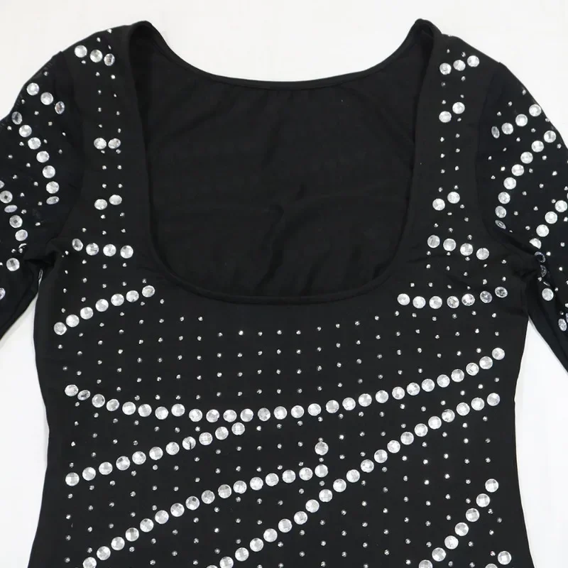 GUWU تسلق الماس الساخن الراين الياقة المدورة طويلة الأكمام Bodycon المرأة فستان الخريف مساء نادي مثير فساتين الحفلات الصغيرة